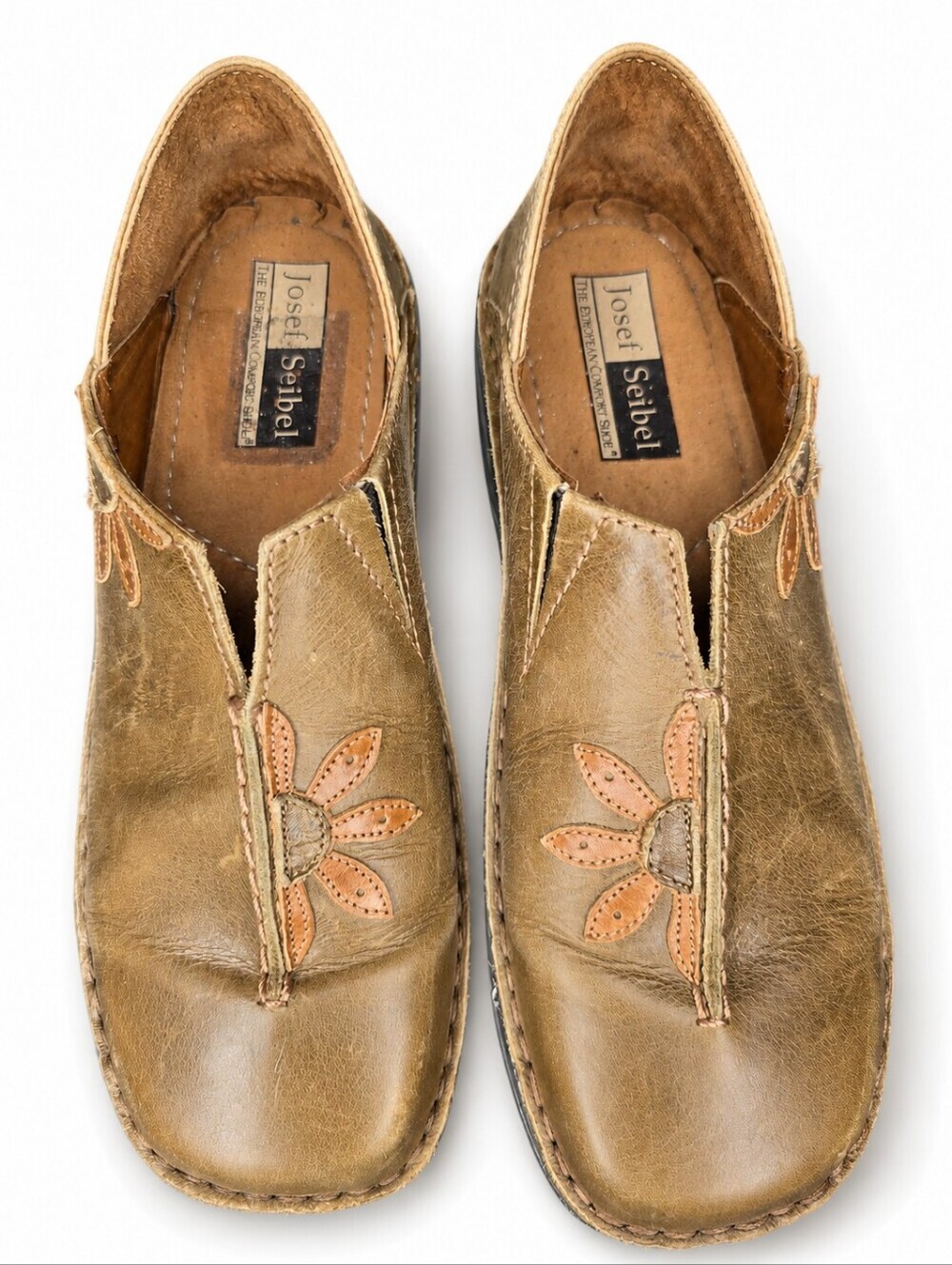 Josef Seibel Tan Brown Leather Floral Slip-on Comfort Loafers Size 38
